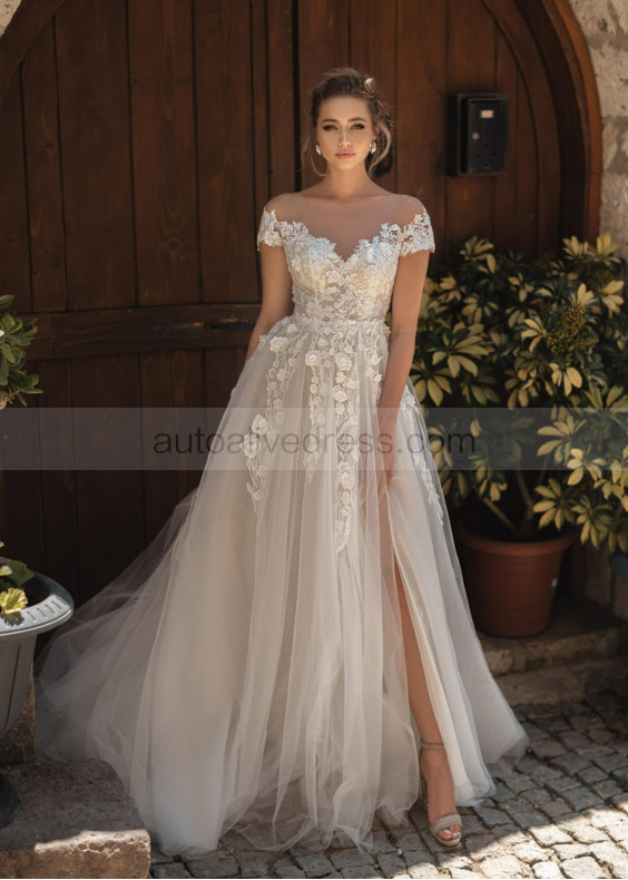 Short Sleeves Beaded Ivory Lace Tulle Slit Floral Wedding Dress